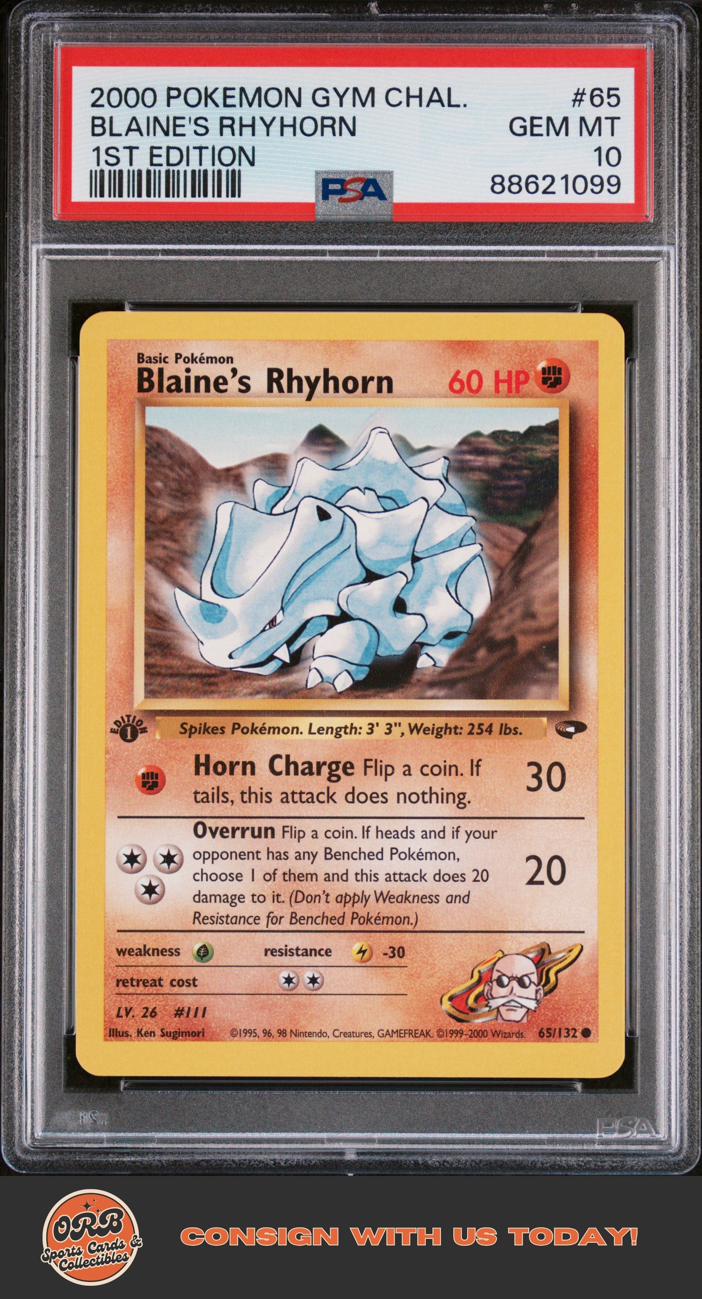 Blaine'S Rhyhorn 2000 Pokemon Gym Challenge #65 1st Edition PSA 10 - Front