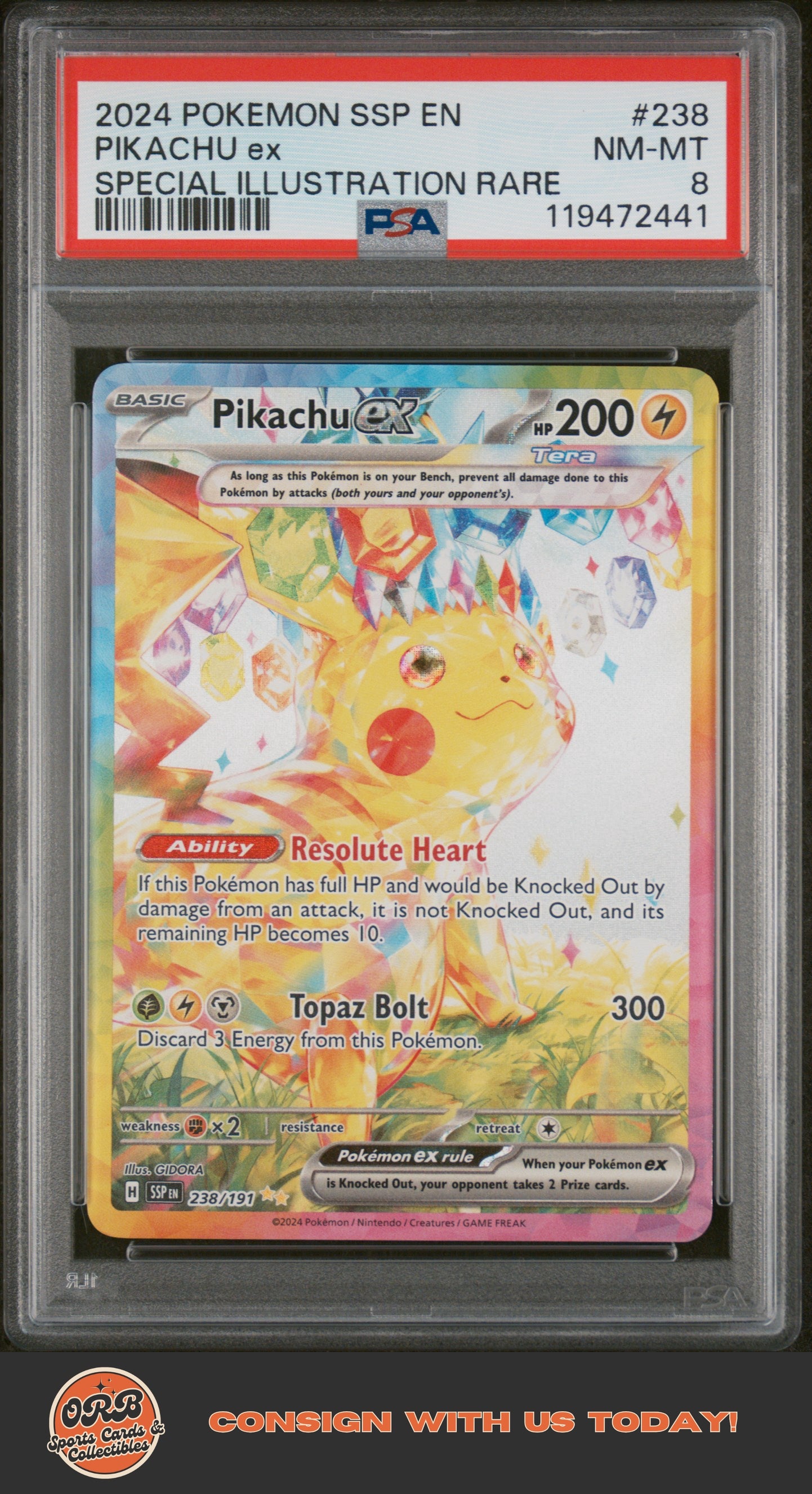 Pikachu Ex 2024 Pokemon-Surging Sparks #238 Special Illustration Rare PSA 8 - Front