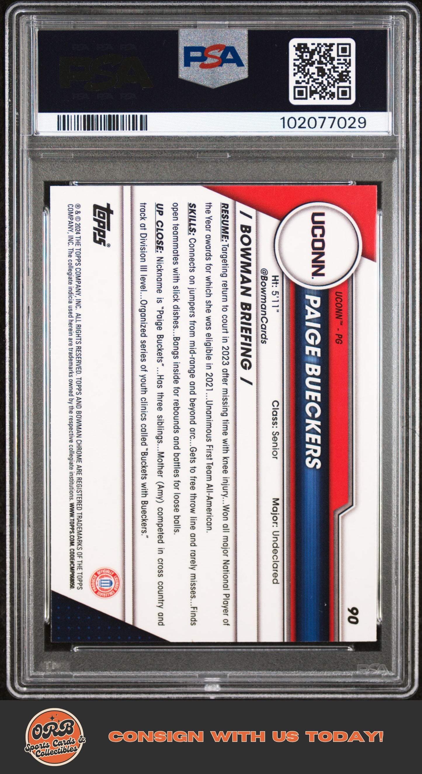 Paige Bueckers 2023 Bowman University Chrome #90 PSA 10 - Back
