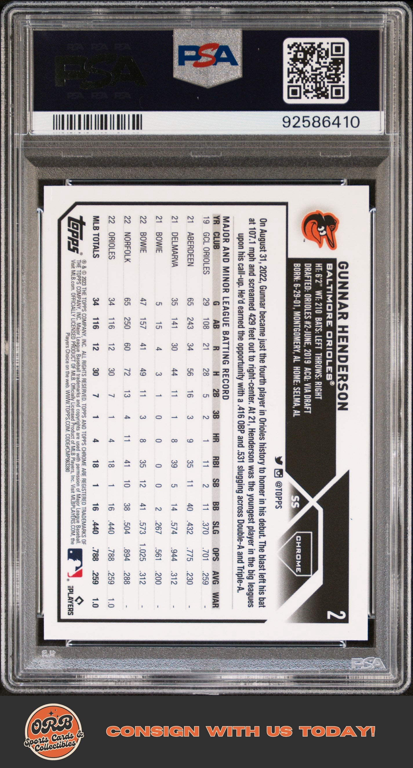 Gunnar Henderson 2023 Topps Chrome Logofractor Edition #2 Green Refractor PSA 10 - Back