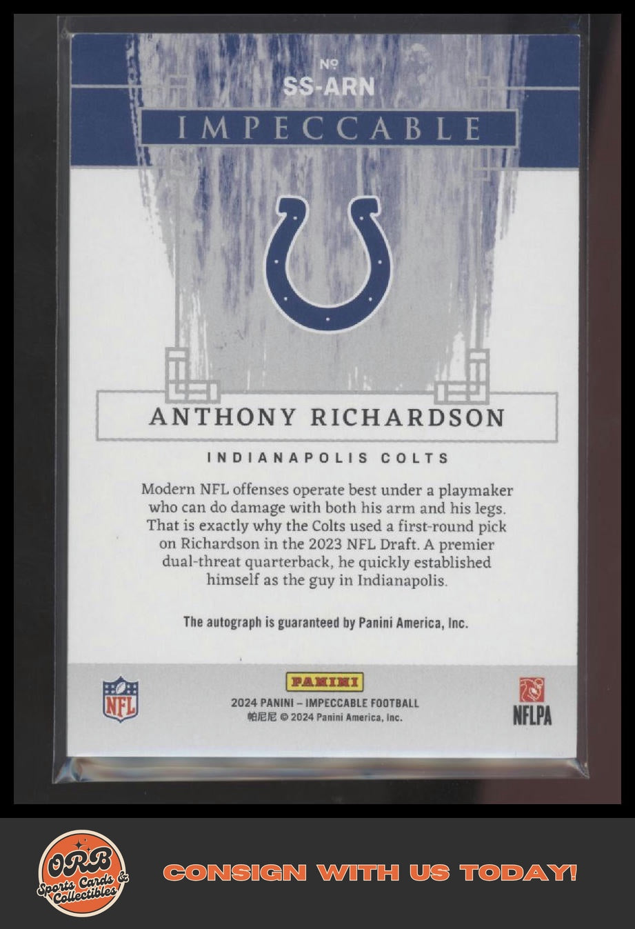 Anthony Richardson 2024 Panini Impeccable #SS-ARN Synergy Signatures #/50 - Back