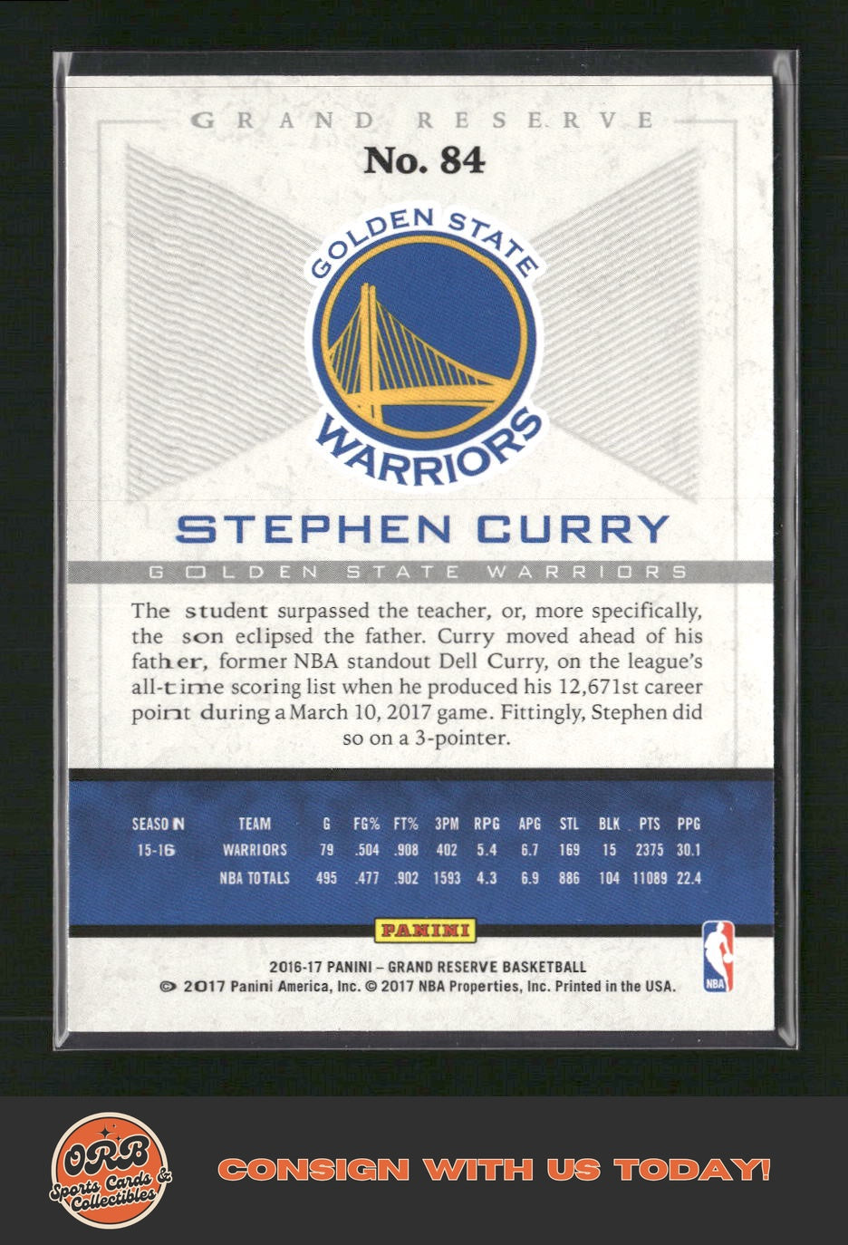 Stephen Curry 2016-17 Panini Grand Reserve #84 - Back