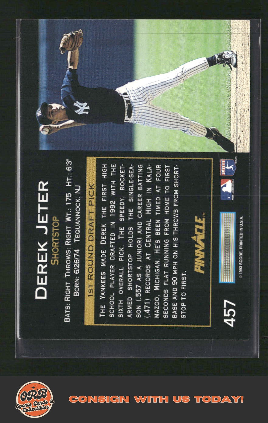 Derek Jeter 1993 Pinnacle #457 - Back