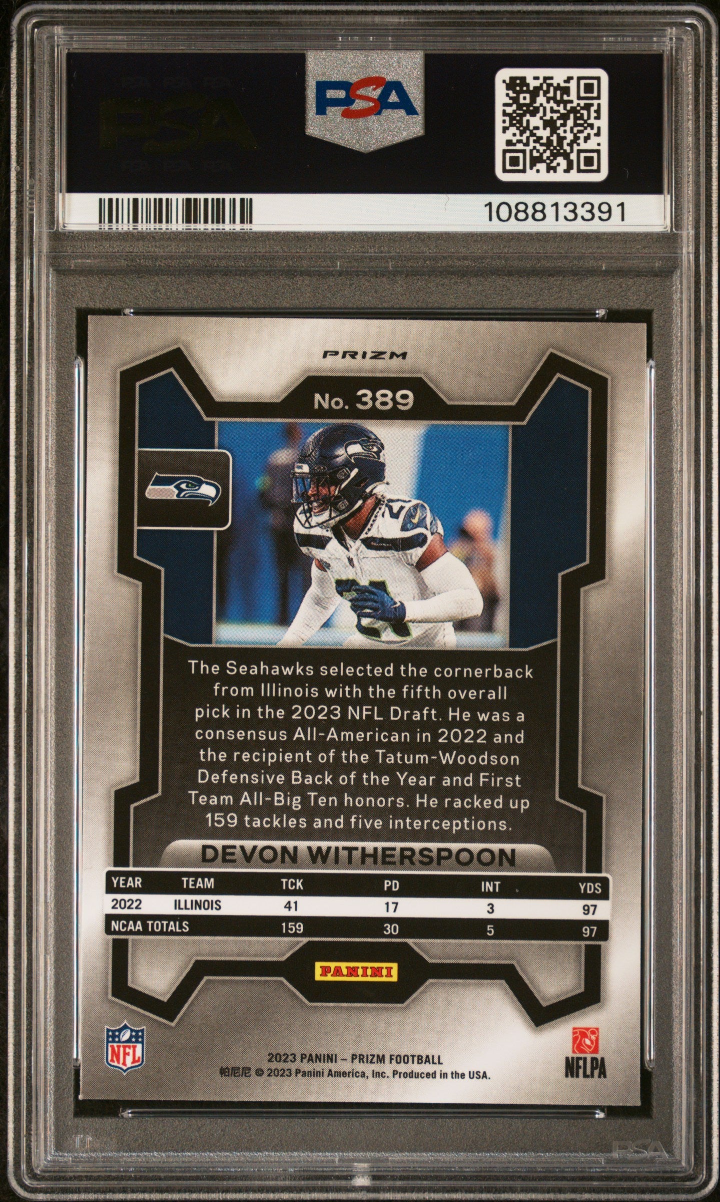 Devon Witherspoon 2023 Panini Prizm #389 Orange Ice PSA 9 - Back