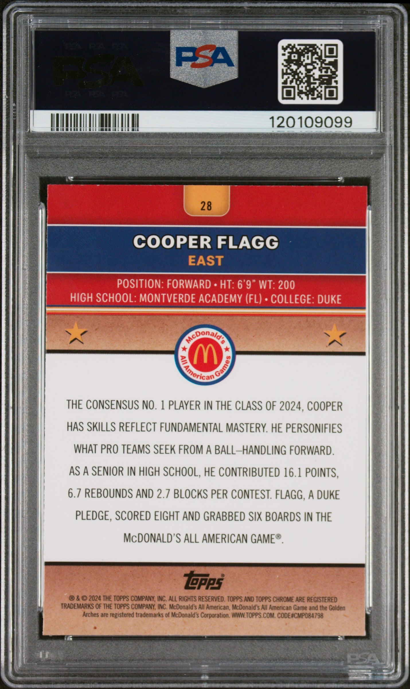 Cooper Flagg 2024 Topps Chrome Mcdonald'S All American #28 Raywave PSA 9 - Back