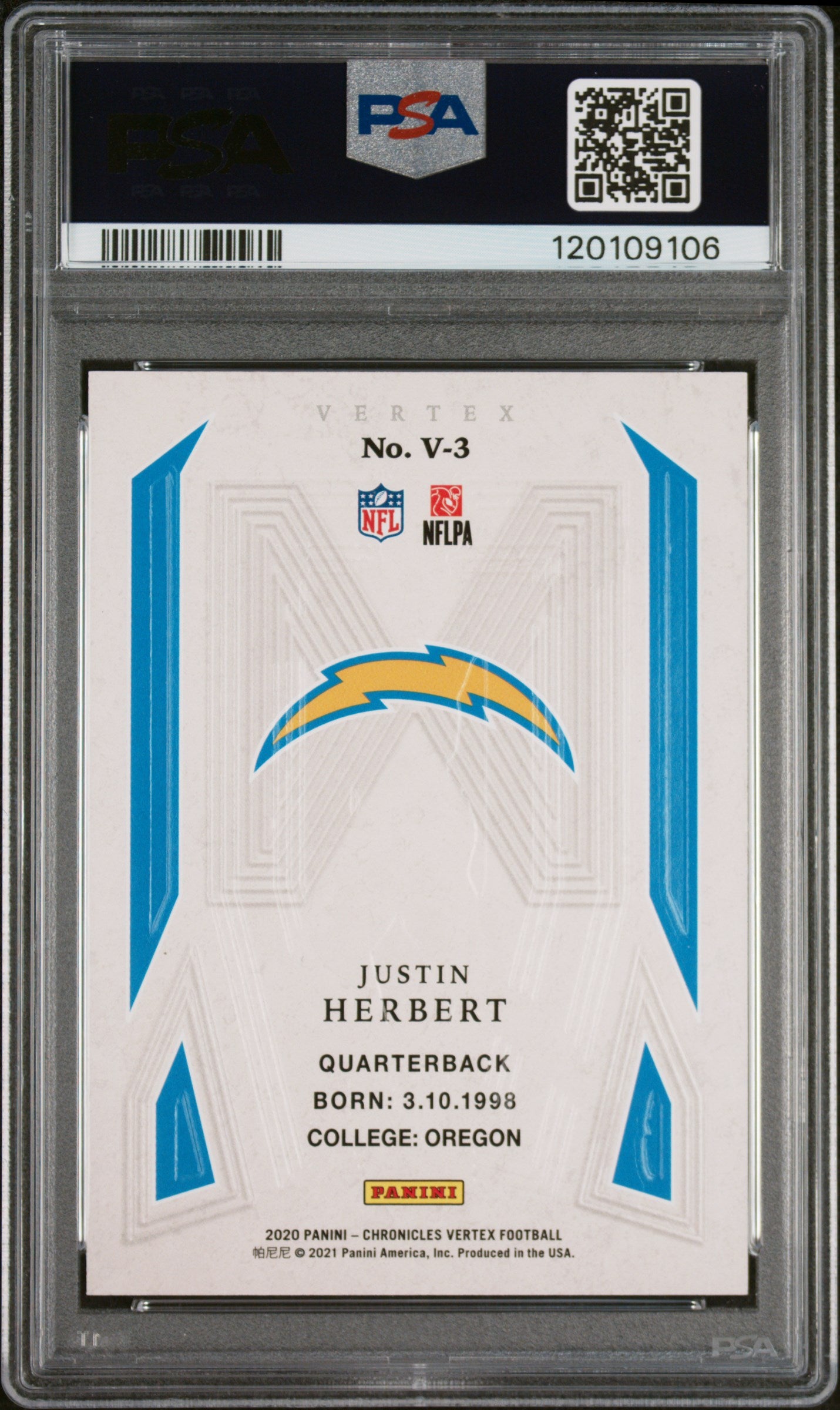 Justin Herbert 2020 Panini Chronicles Vertex #V3 Vertex PSA 9 - Back