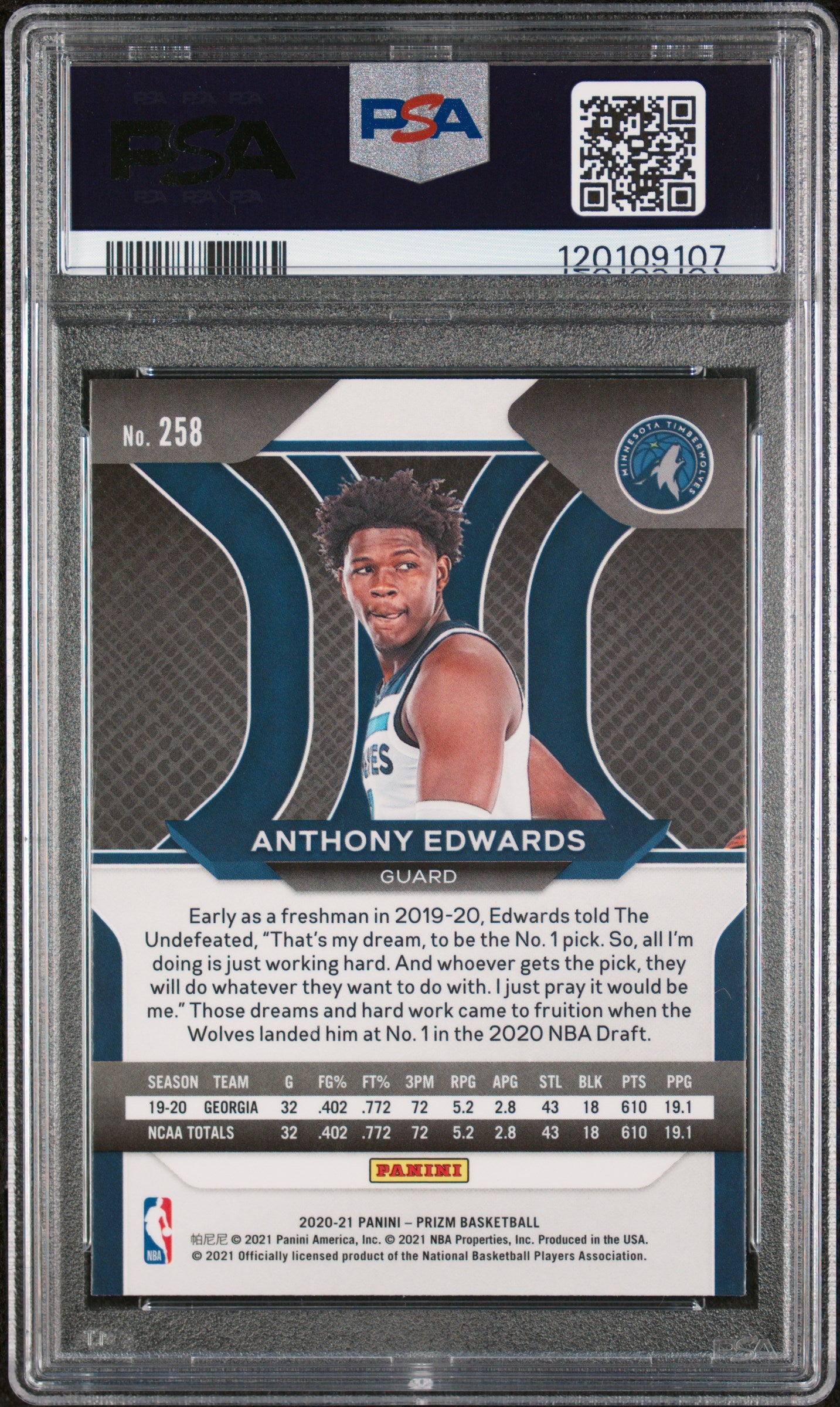 Anthony Edwards 2020 Panini Prizm #258 PSA 7 - Back