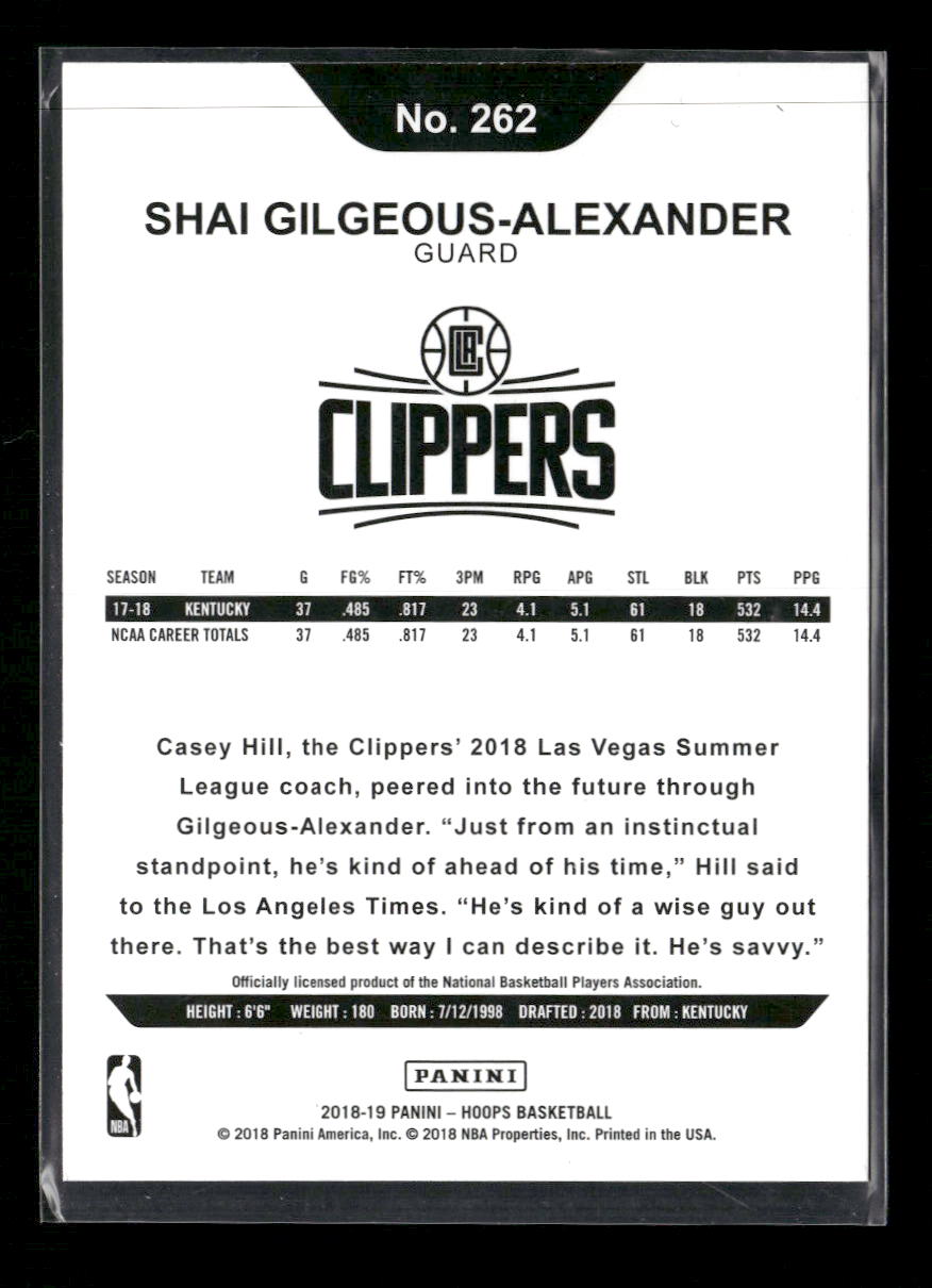 Shai Gilgeous-Alexander 2018-19 Hoops #262 - Back