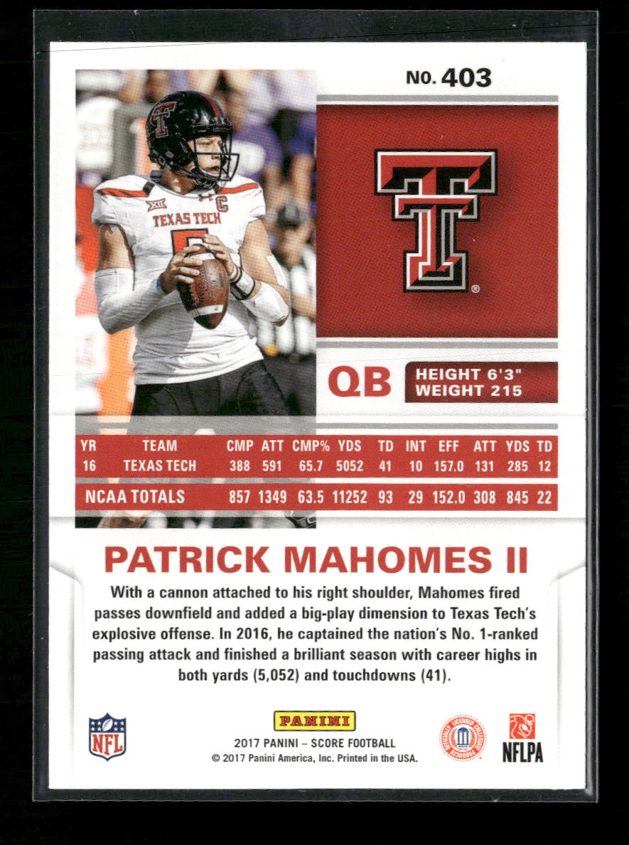 Patrick Mahomes II 2017 Score #403 Scorecard - Back