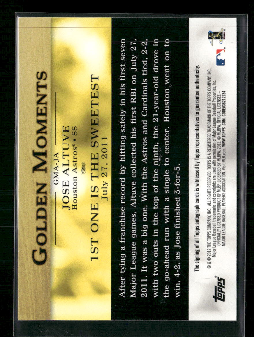 Jose Altuve 2012 Topps #GMA-JA Golden Moments Autographs - Back