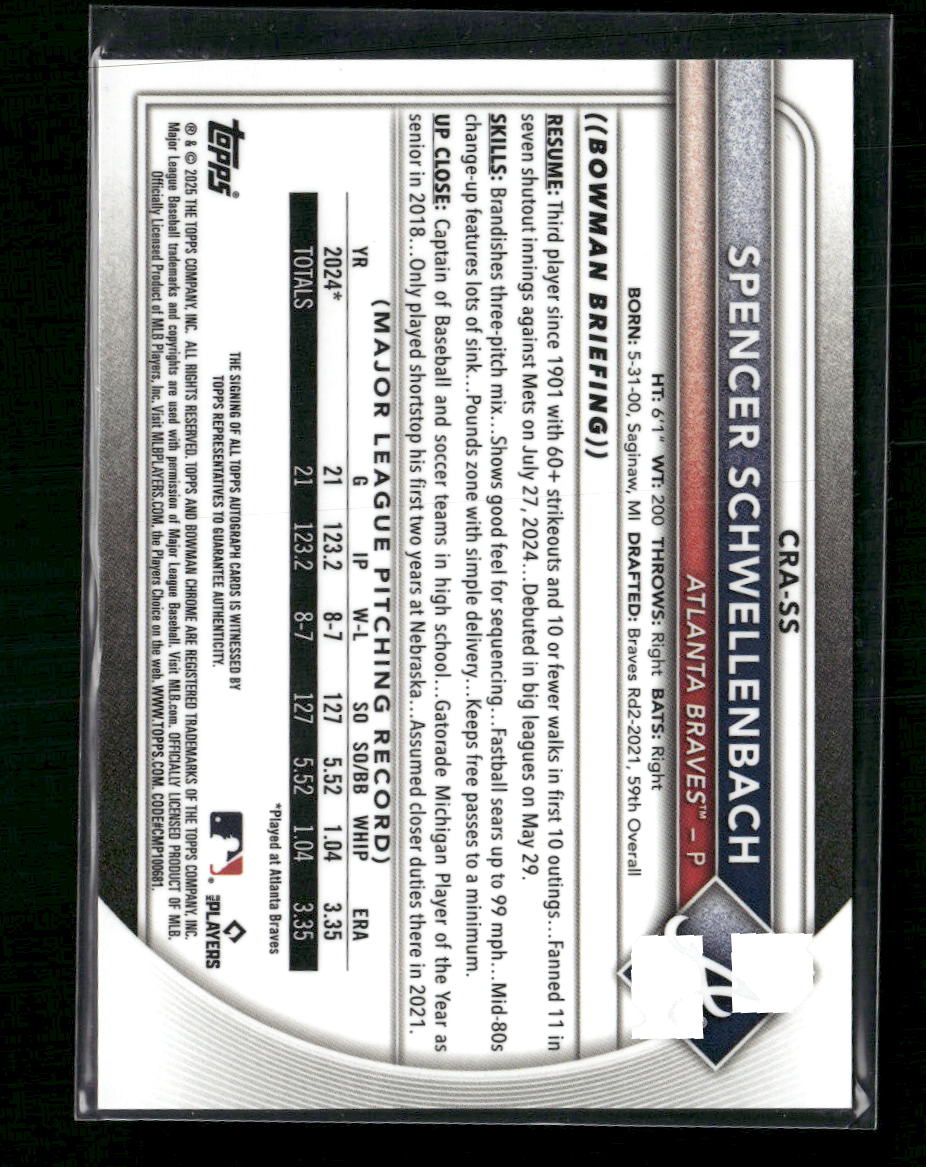 Spencer Schwellenbach 2025 Bowman Chrome Rookie Auto Yellow Refractor #/75 - Back