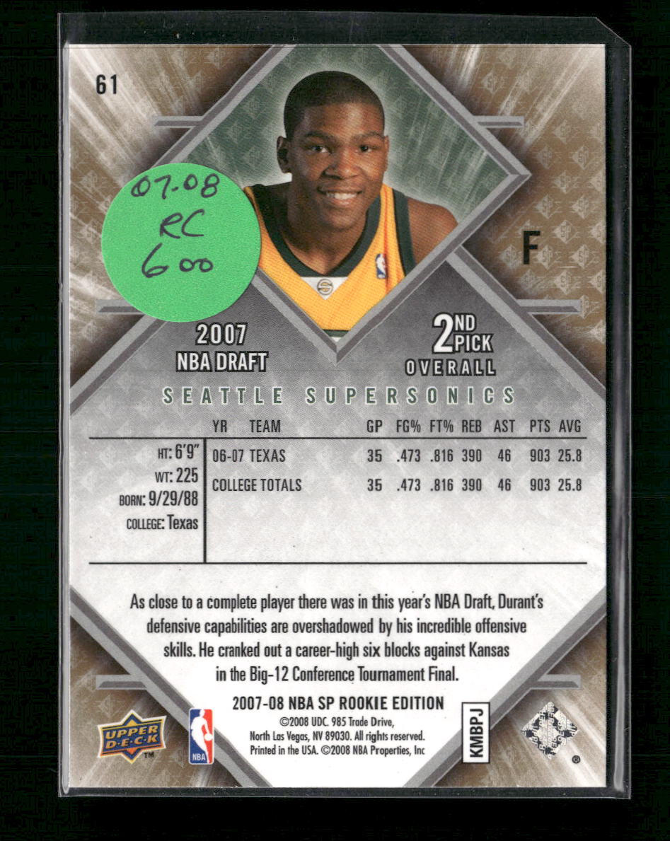 Kevin Durant 2007-08 SP Rookie Edition #61 - Back