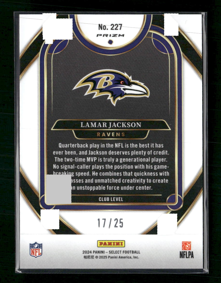 Lamar Jackson 2024 Panini Select #227 Blue Disco Prizm #/25 - Back