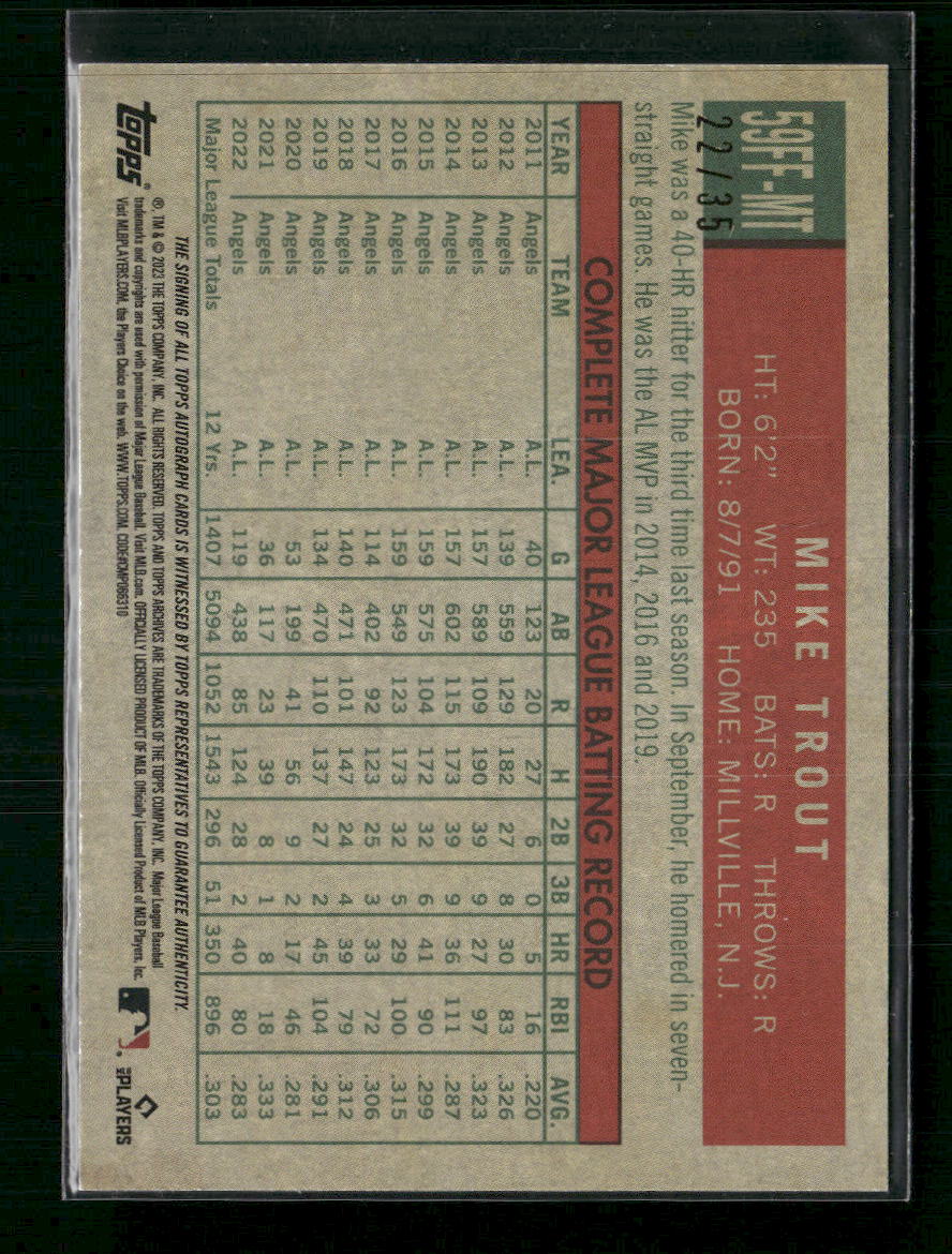 2023 Mike Trout #/35 Topps Archives Autographed 59FF-MT Angels - Back