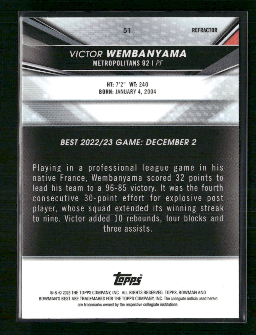 Victor Wembanyama 2022-23 Bowman University Best #51 Refractors - Back