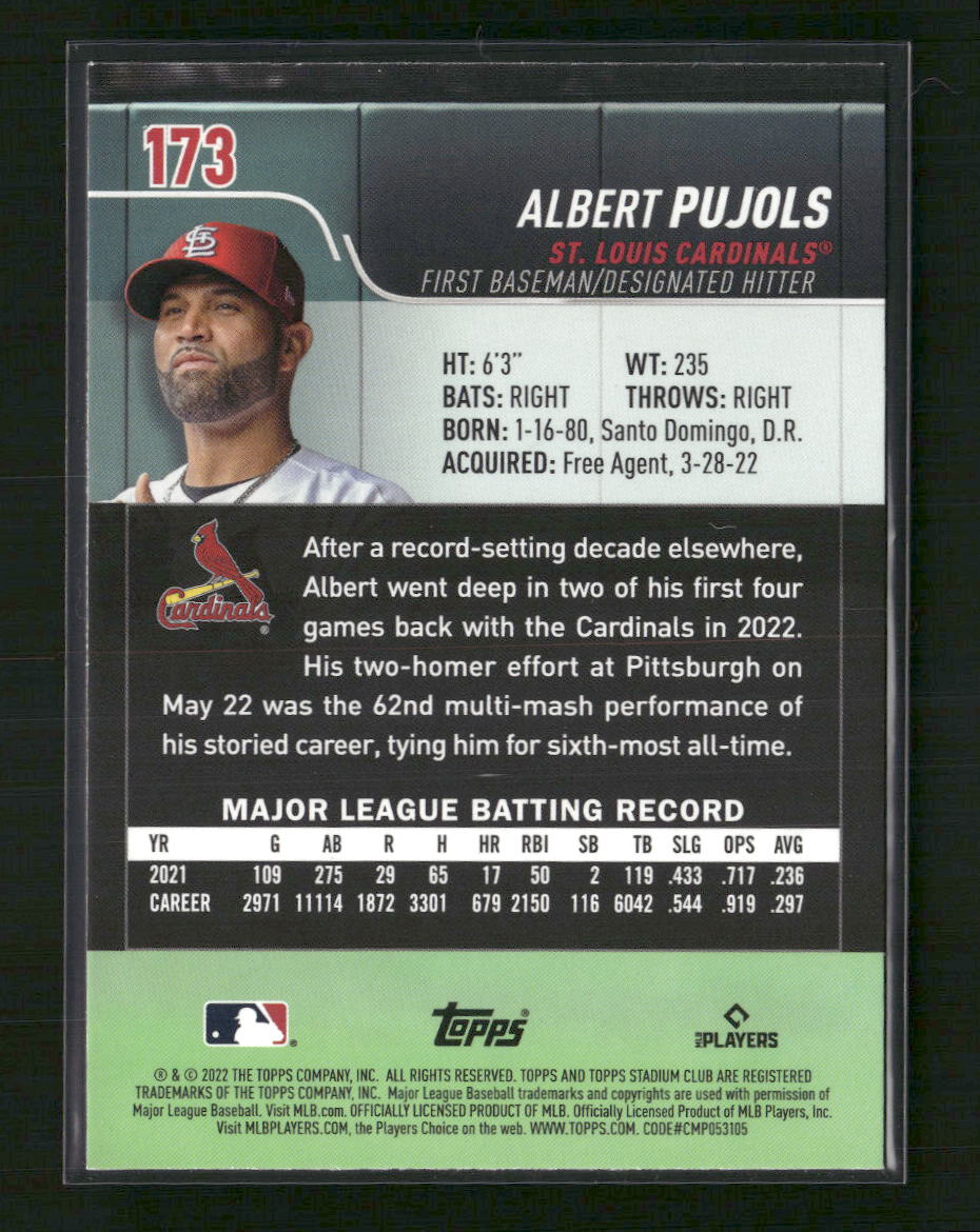 Albert Pujols 2022 Stadium Club #173b - Back