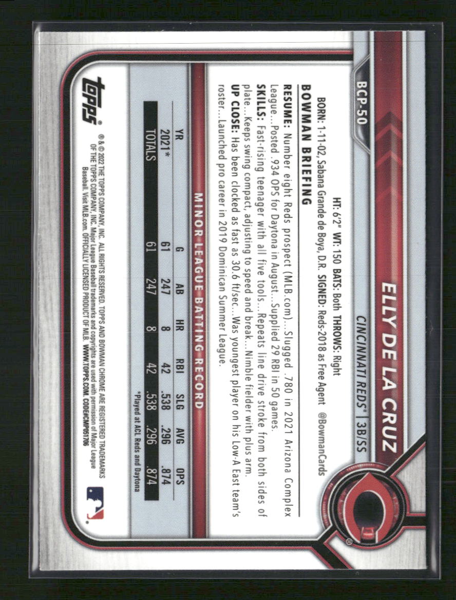 Elly De La Cruz 2022 Bowman #BCP-50 Chrome Prospects - Back