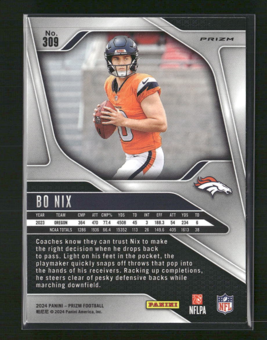 Bo Nix 2024 Panini Prizm #309 Red White and Blue - Back