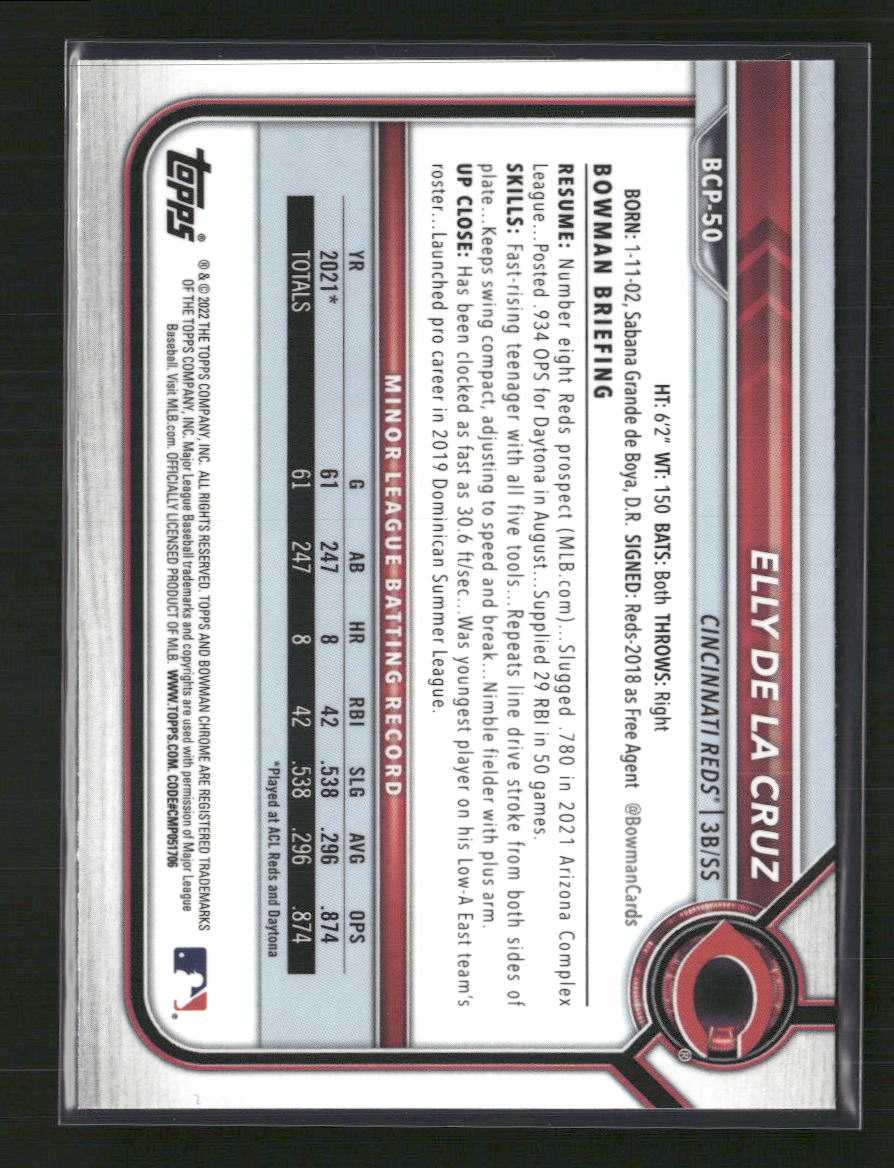 Elly De La Cruz 2022 Bowman #BCP-50 Chrome Prospects - Back