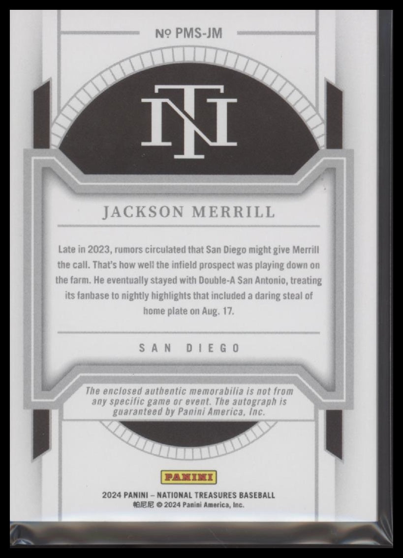 Jackson Merrill 2024 Panini Prospect Material Signatures Gold #/49 - Back