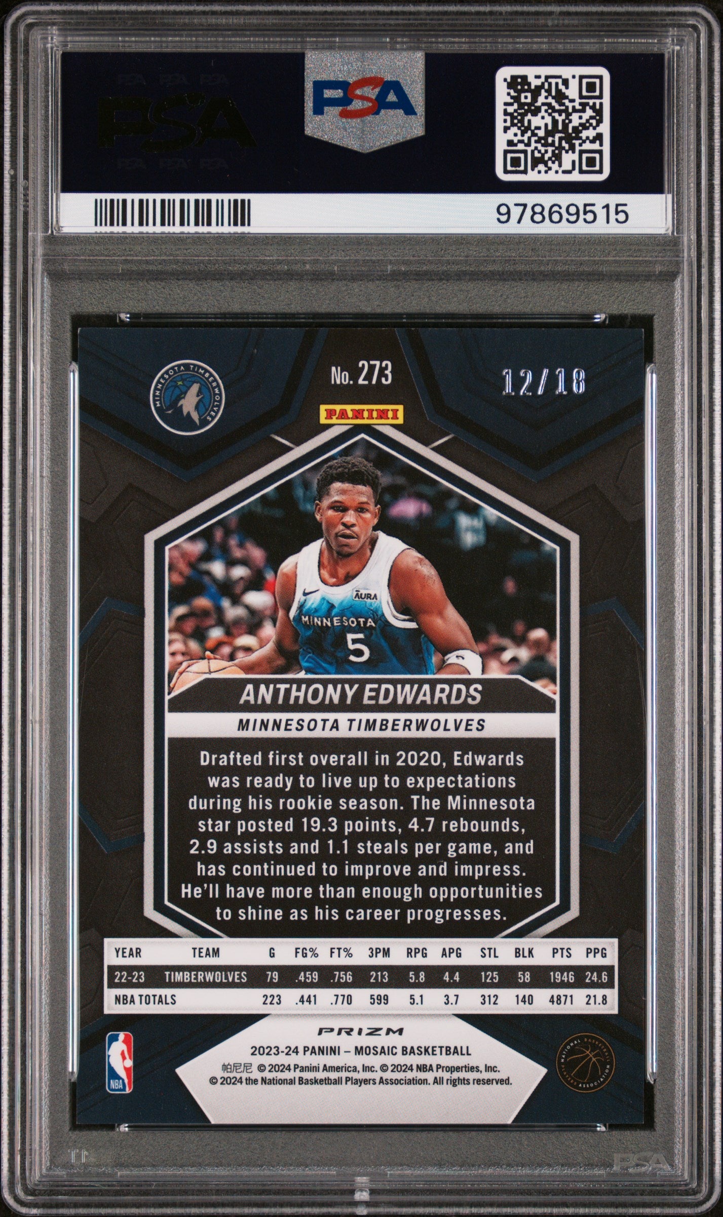 Anthony Edwards 2023 Panini Mosaic #273 Pink Swirl Fotl PSA 9 - Back
