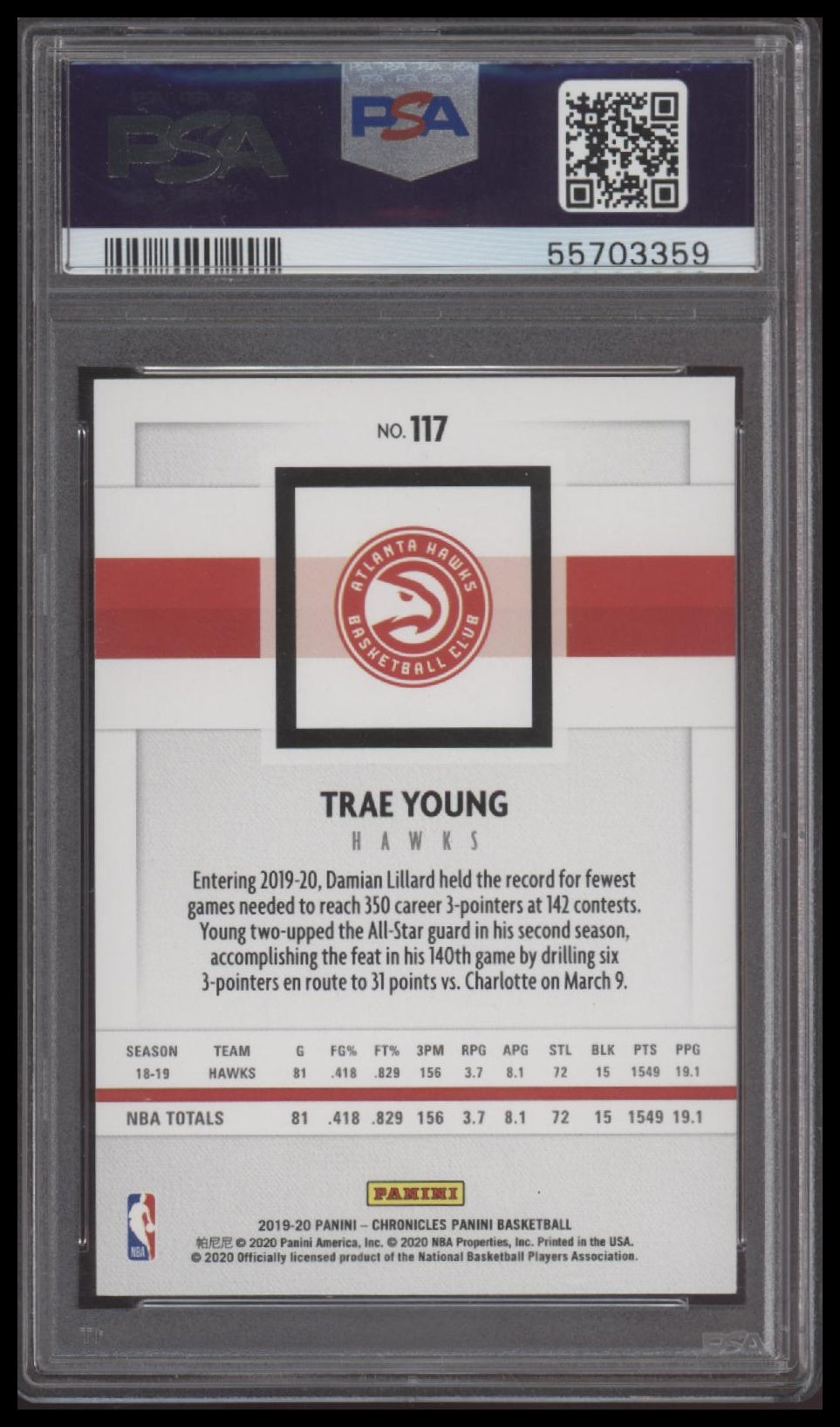 Trae Young 2019 Panini Chronicles #117 PSA 10 - Back