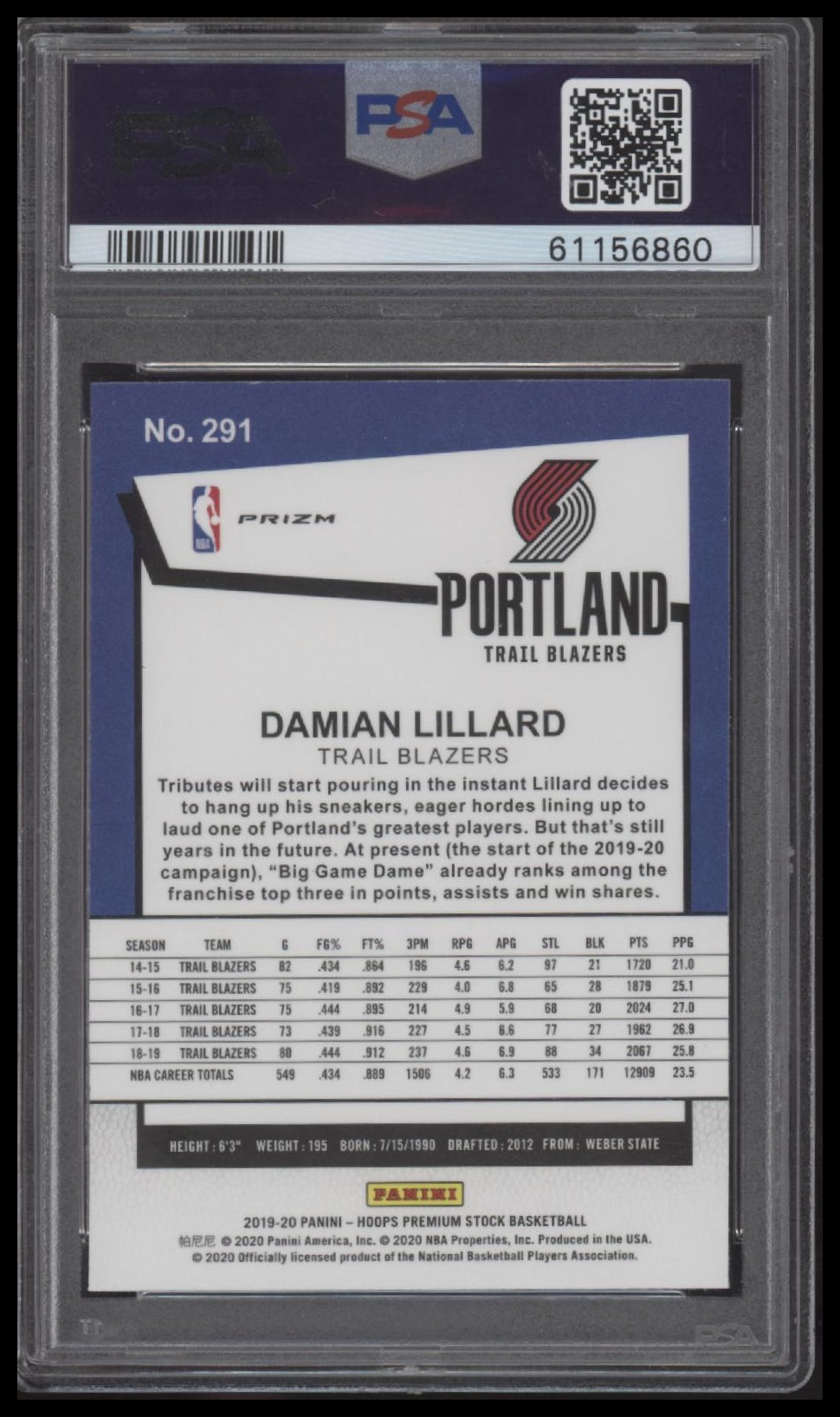 Damian Lillard 2019 Panini Hoops Premium Stock #291 Pulsar PSA 9 - Back