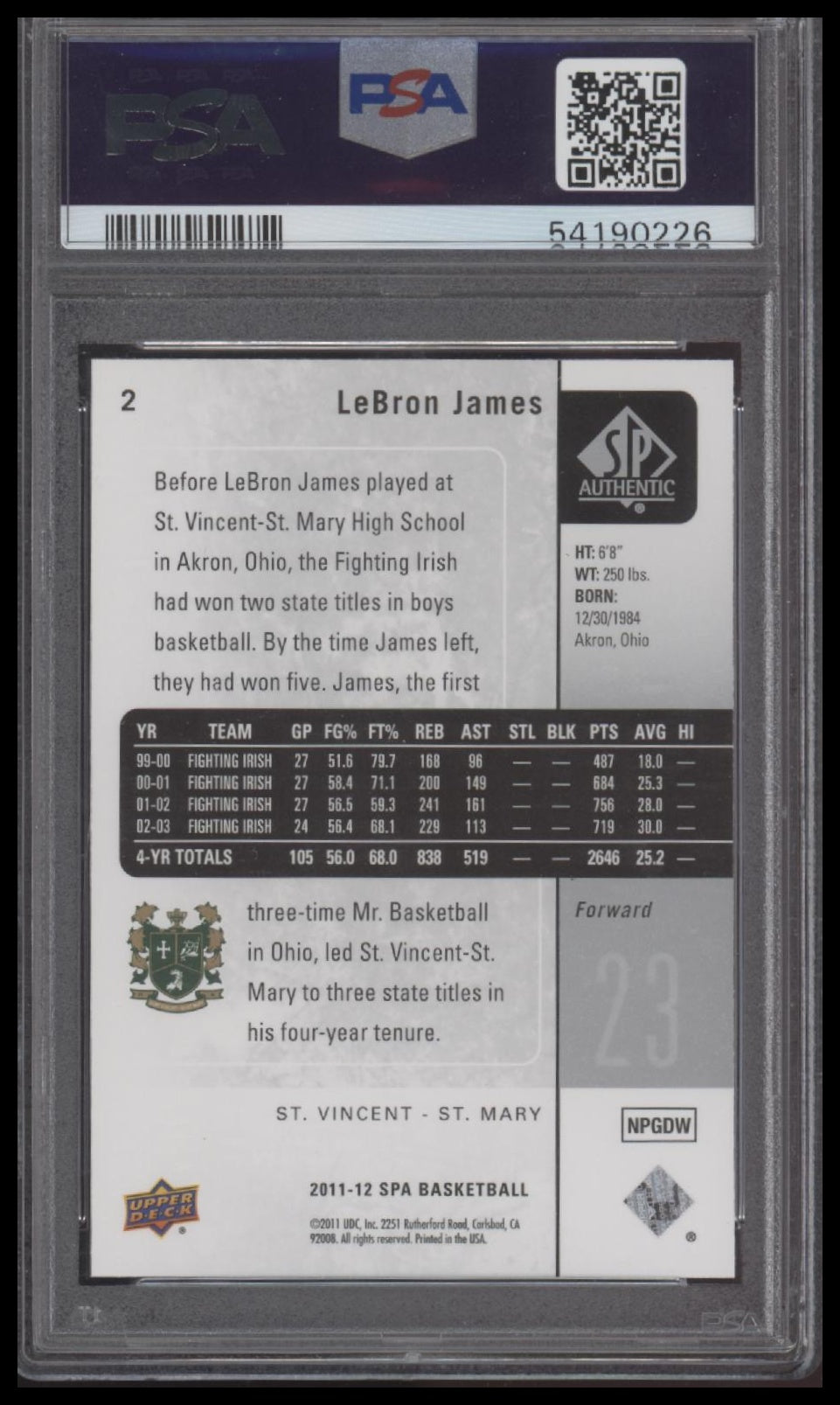 Lebron James 2011 Sp Authentic #2 PSA 10 - Back