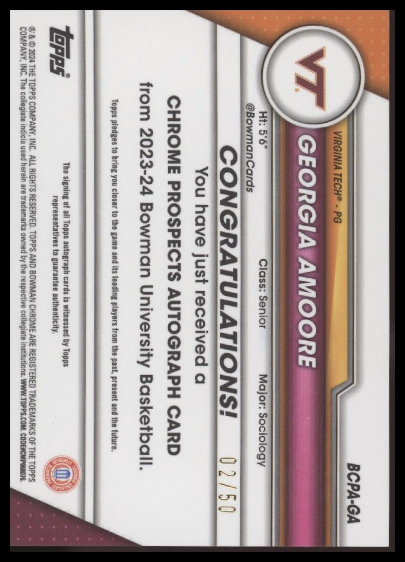 Georgia Amoore 2023-24 Bowman University Chrome Pros. Auto Gold Refractor #/50 - Back