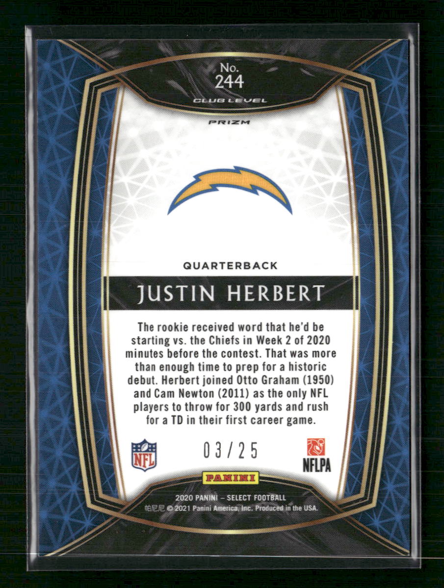 Justin Herbert 2020 Panini Select #244 Disco Blue Prizm #/25 - Back
