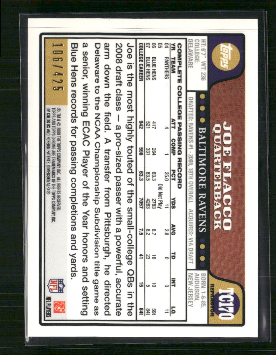 Joe Flacco 2008 Topps Chrome #TC170 Copper Refractors #/425 - Back