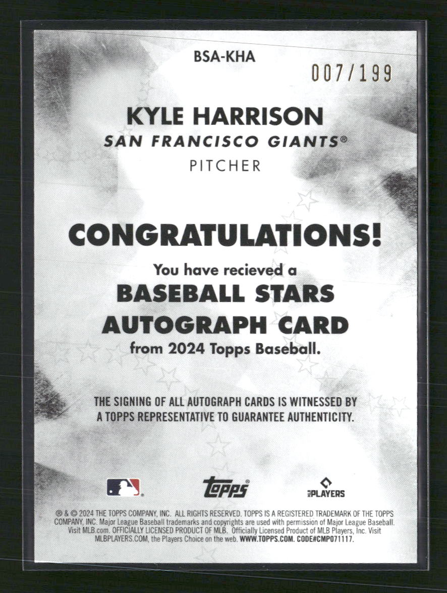 Kyle Harrison 2024 Topps #BSA-KHA Baseball Stars Autographs (Series One) - Back