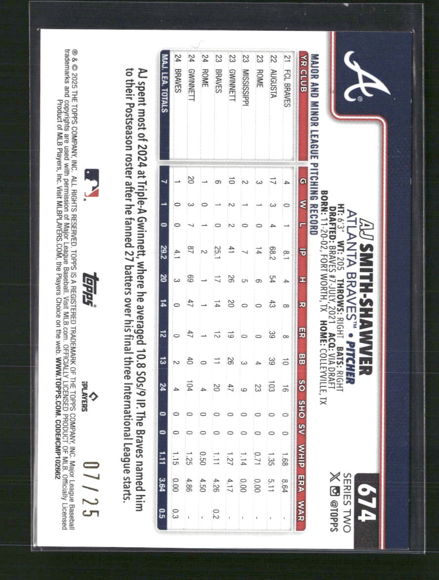 AJ Smith-Shawver 2025 Topps #674 Orange Holo Foil #/25 - Back