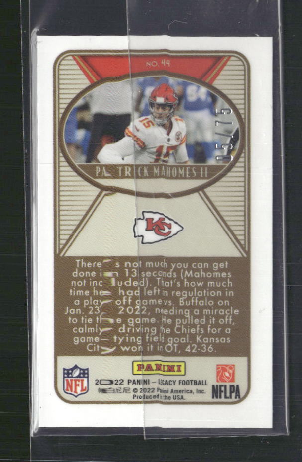 Patrick Mahomes II 2022 Panini Legacy #44 Premium Mini Bronze #/75 - Back