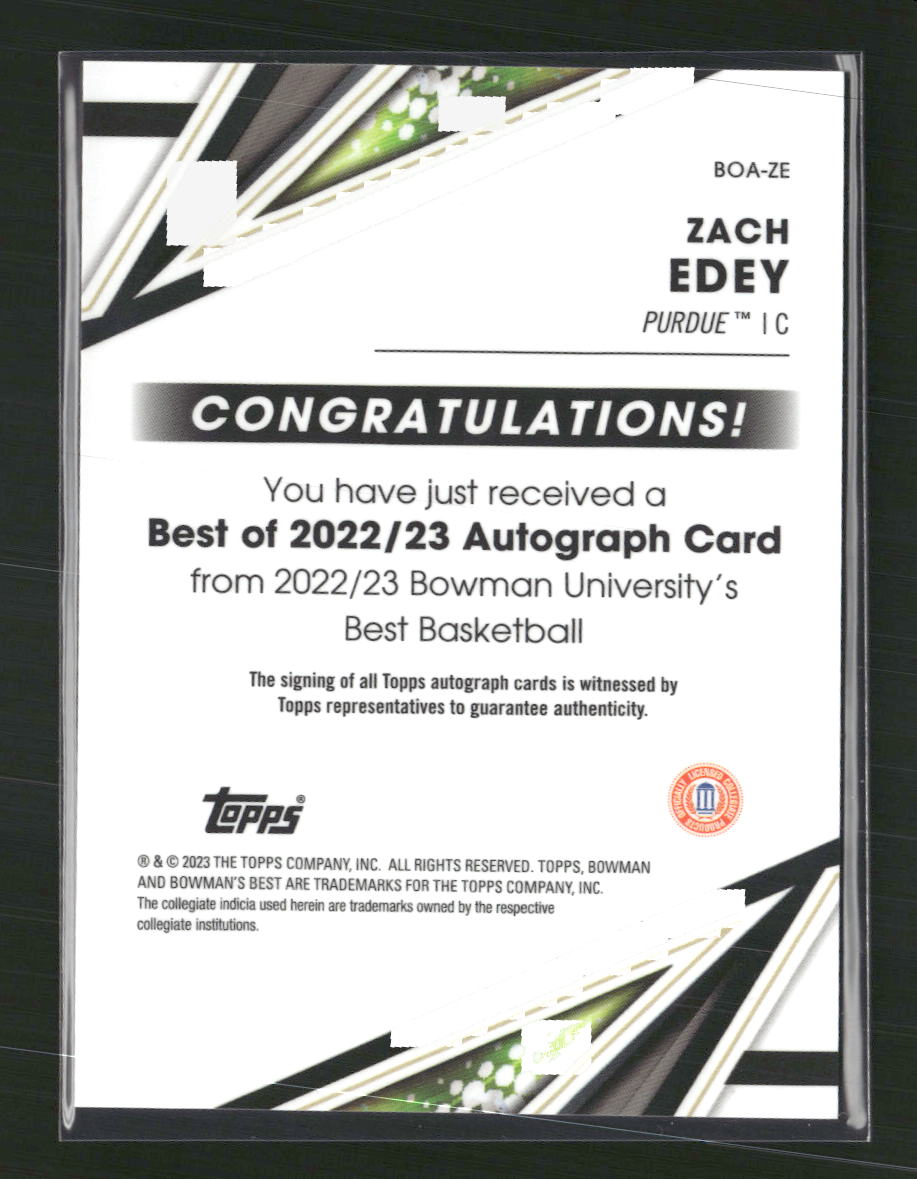Zach Edey 2022-23 Bowman University Best #BOA-ZE Best of 2022 Autographs - Back