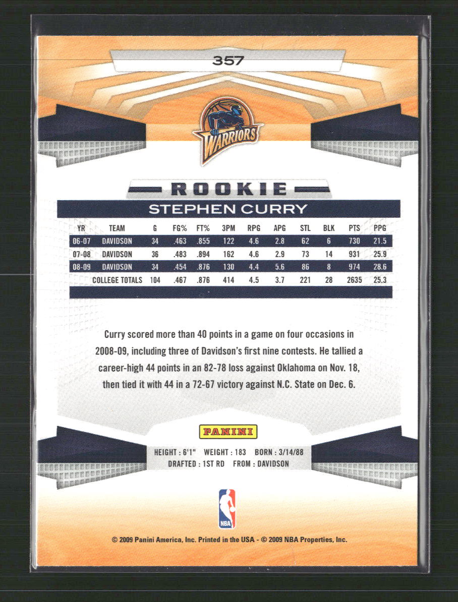 Stephen Curry 2009-10 Panini #357 - Back