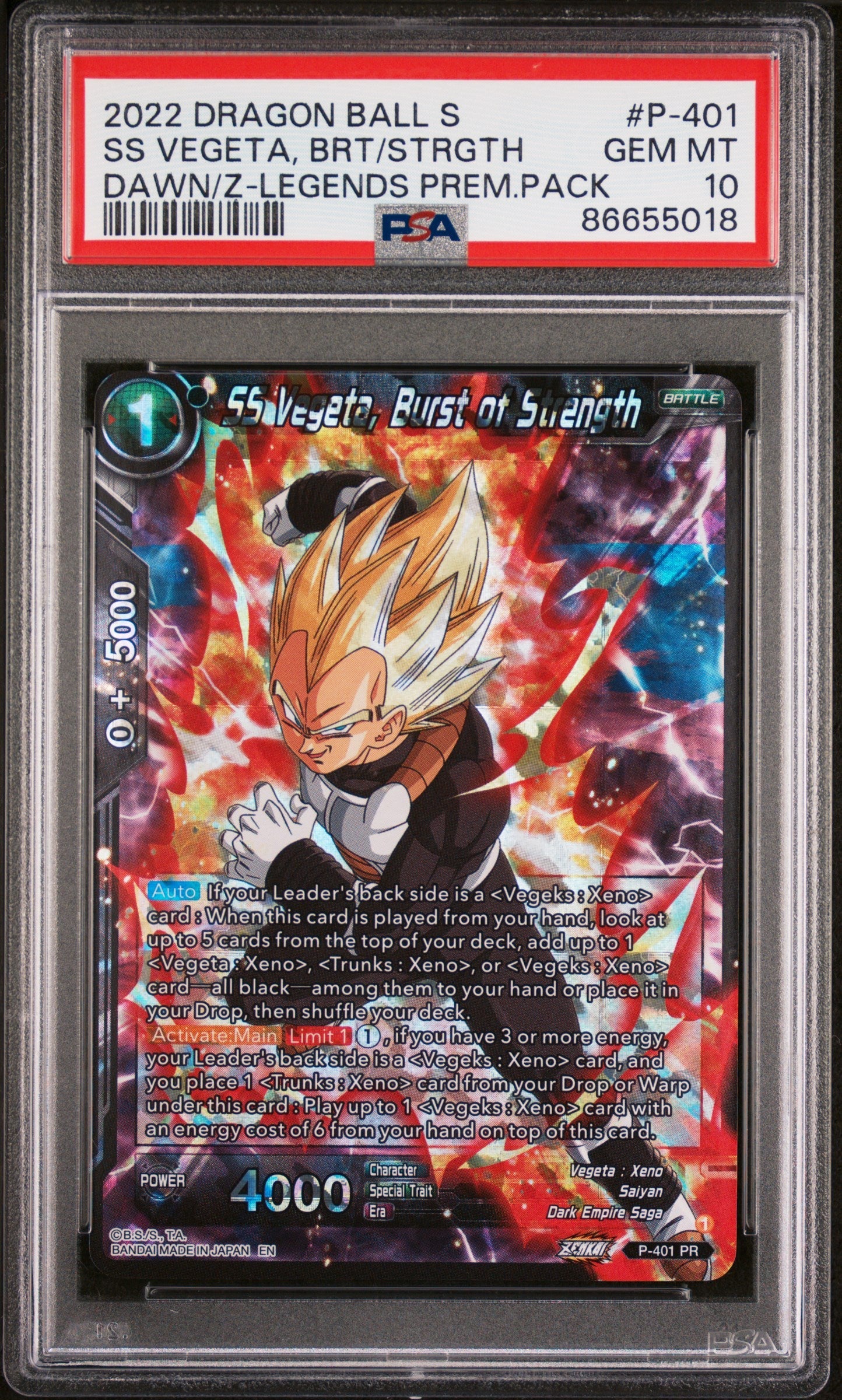 2022 DRAGON BALL SUPER DAWN OF THE Z-LEGENDS SS VEGETA, BRS/STRGTH #P-401 PSA 10