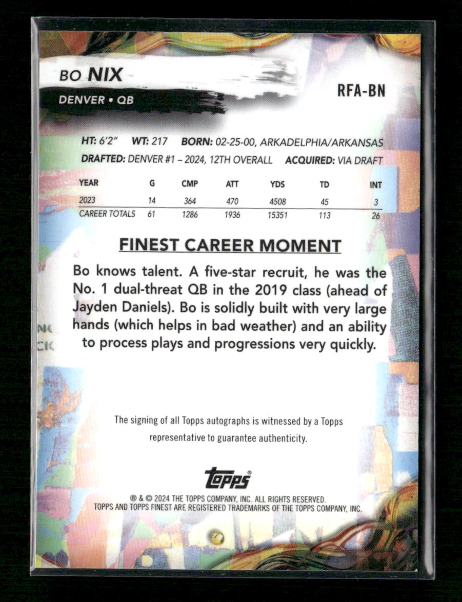 Bo Nix 2024 Topps Finest - Rookie Finest Autographs #RFA-BN Refractor (AU, RC) - Back
