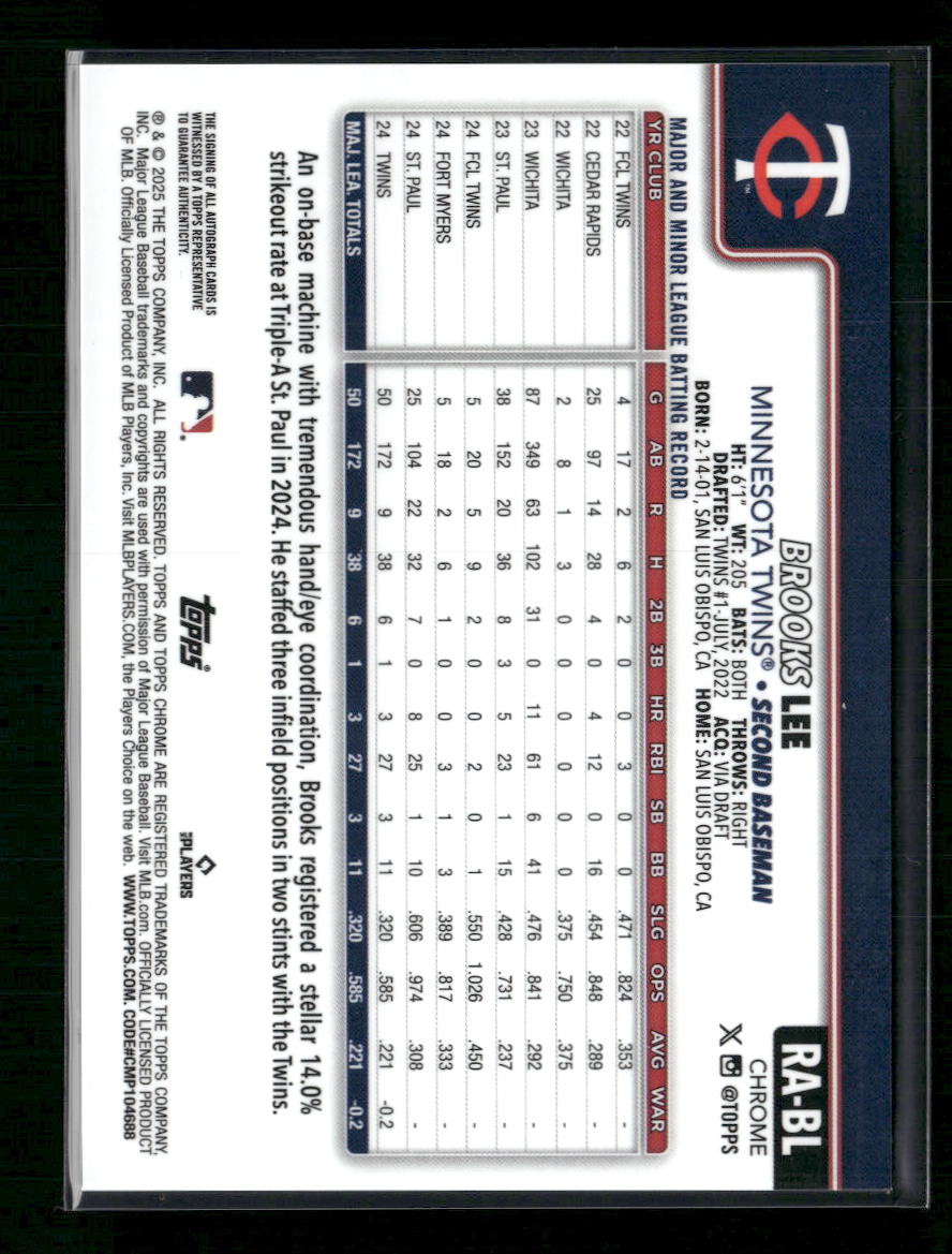 2025 Topps Chrome Brooks Lee True Purple Auto /250 - Back