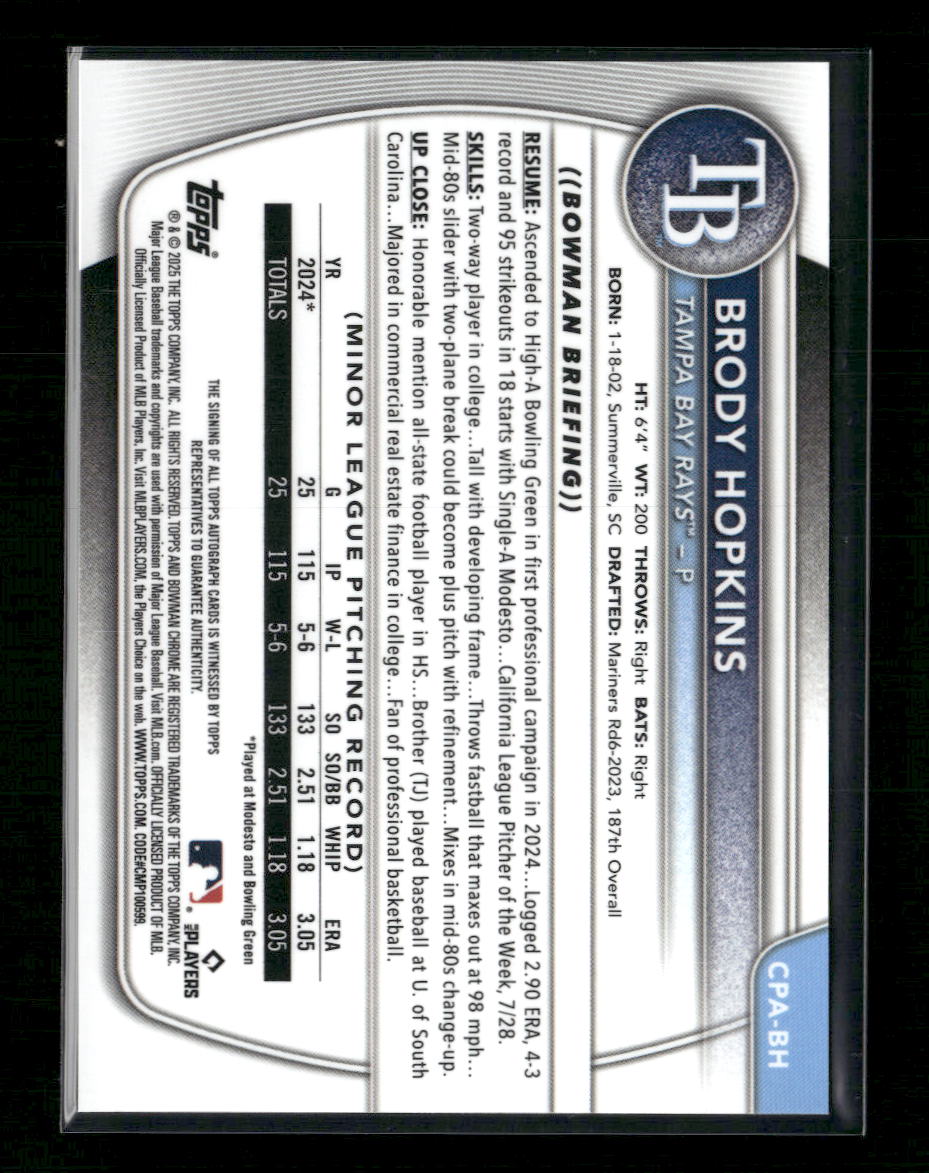 Brody Hopkins 2025 Bowman #CPA-BH Chrome Prospects Autographs - Back