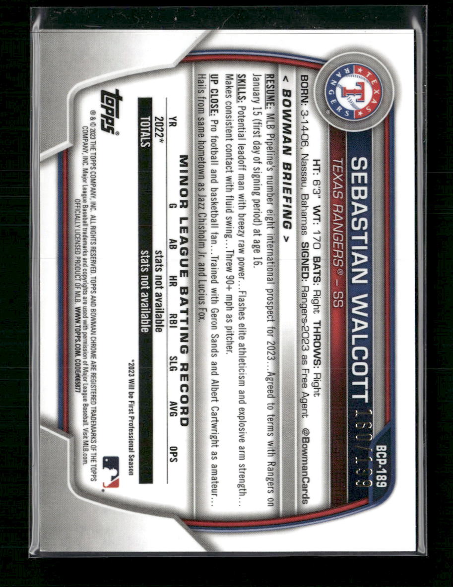Sebastian Walcott 2023 Bowman Chrome Prospects Fuchsia Shimmer Refractor #/199 - Back