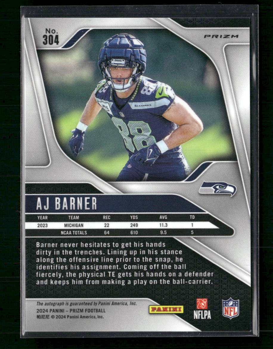 AJ Barner 2024 Panini Prizm #304 Pink Auto - Back