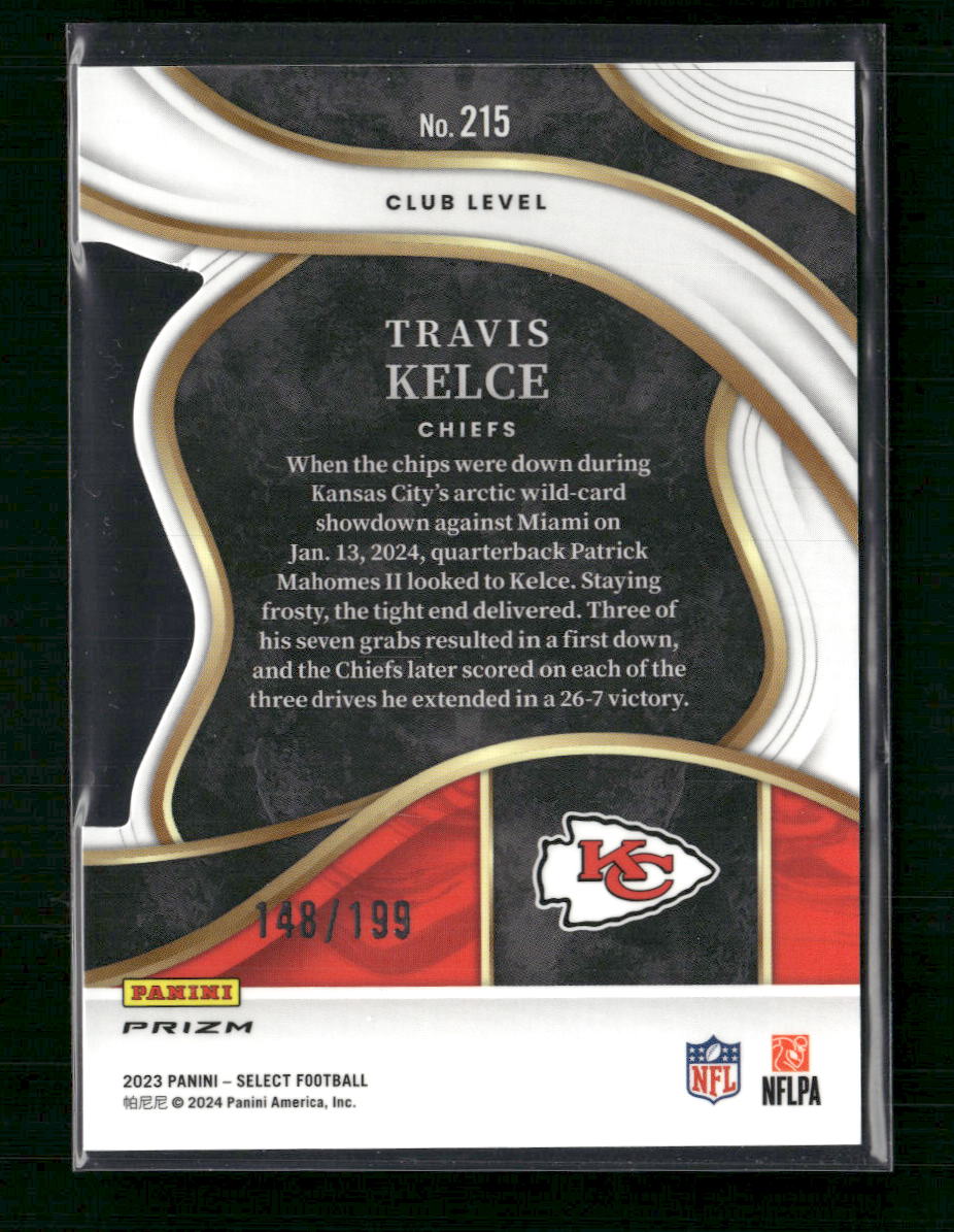Travis Kelce 2023 Panini Select #215 Red and Blue Prizms Die Cuts - Back