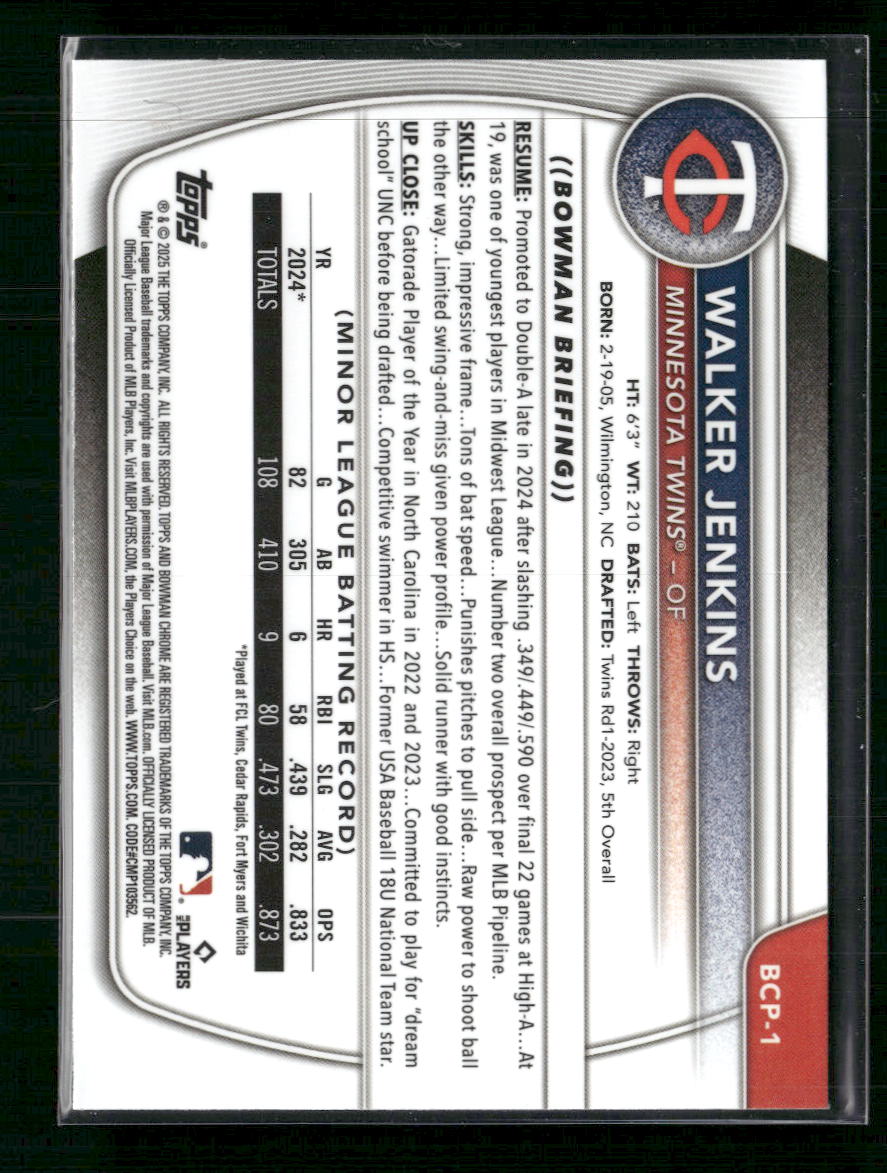 Walker Jenkins 2025 Bowman #BCP-1 Chrome Prospects X-Fractor - Back