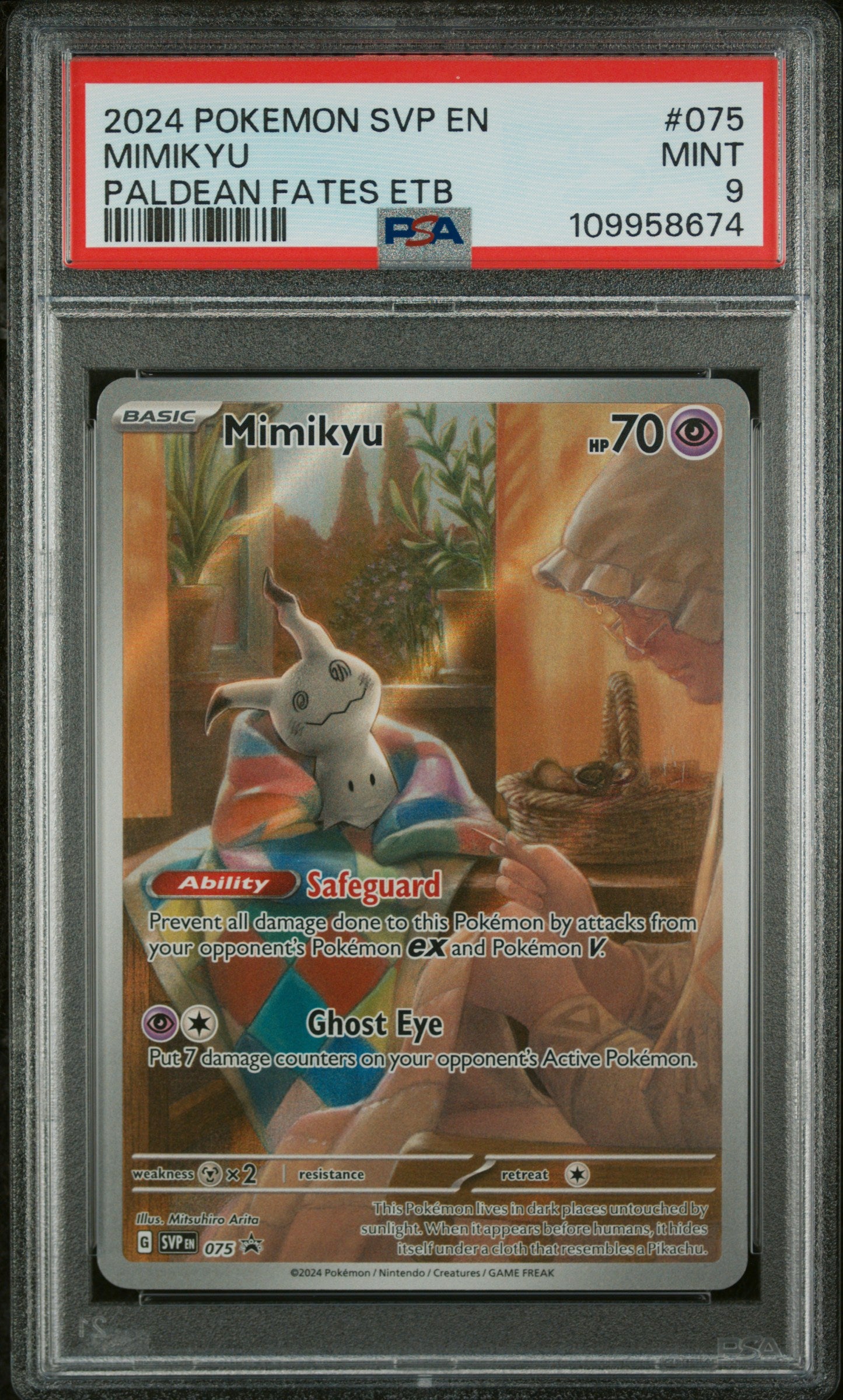 Mimikyu 2024 Pokemon Svp En-Sv Black Star Promo #075 Paldean Fates Etb PSA 9 - Front