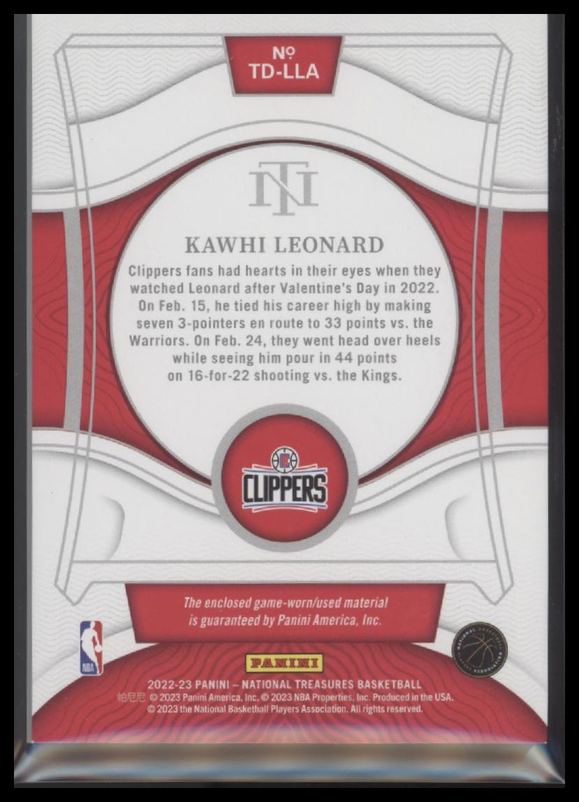 Kawhi Leonard 2022-23 Panini National Treasures Treasured Threads Prime #/25 - Back