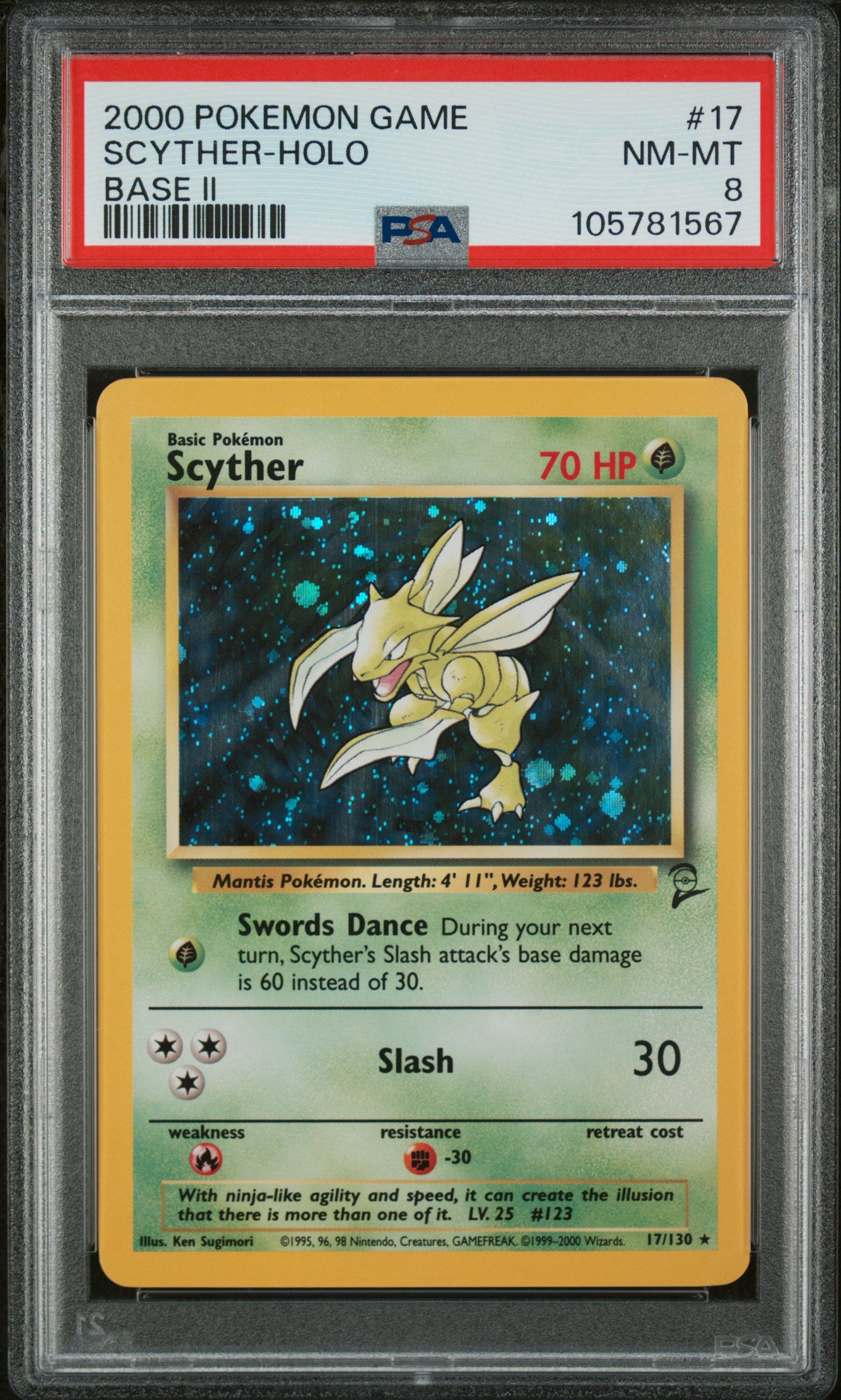 Scyther-Holo 2000 Pokemon Game Base Ii #17 Base Ii PSA 8 - Front