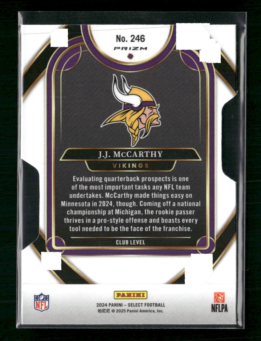 J.J. McCarthy 2024 Panini Select #246 Silver Prizm Die Cut - Back