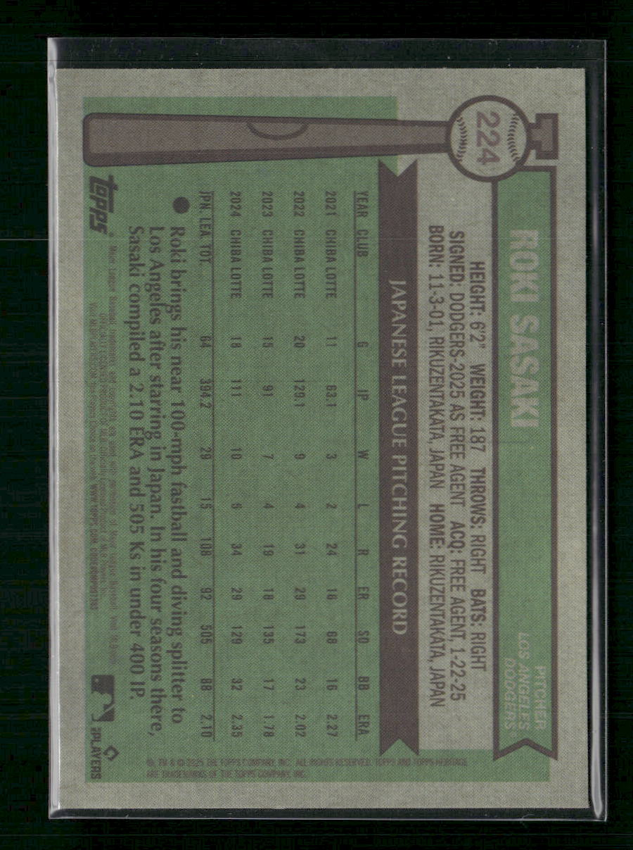 Roki Sasaki 2025 Topps Heritage #224 Chrome Pink Sparkle Refractor - Back
