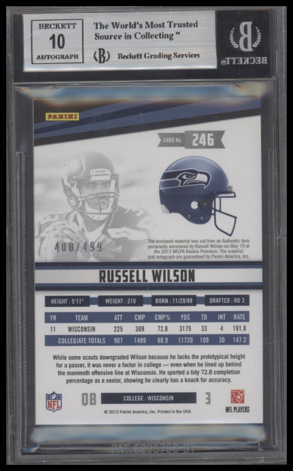 Russell Wilson JSY AU RC 2012 Rookies and Stars #246 BGS 9.0